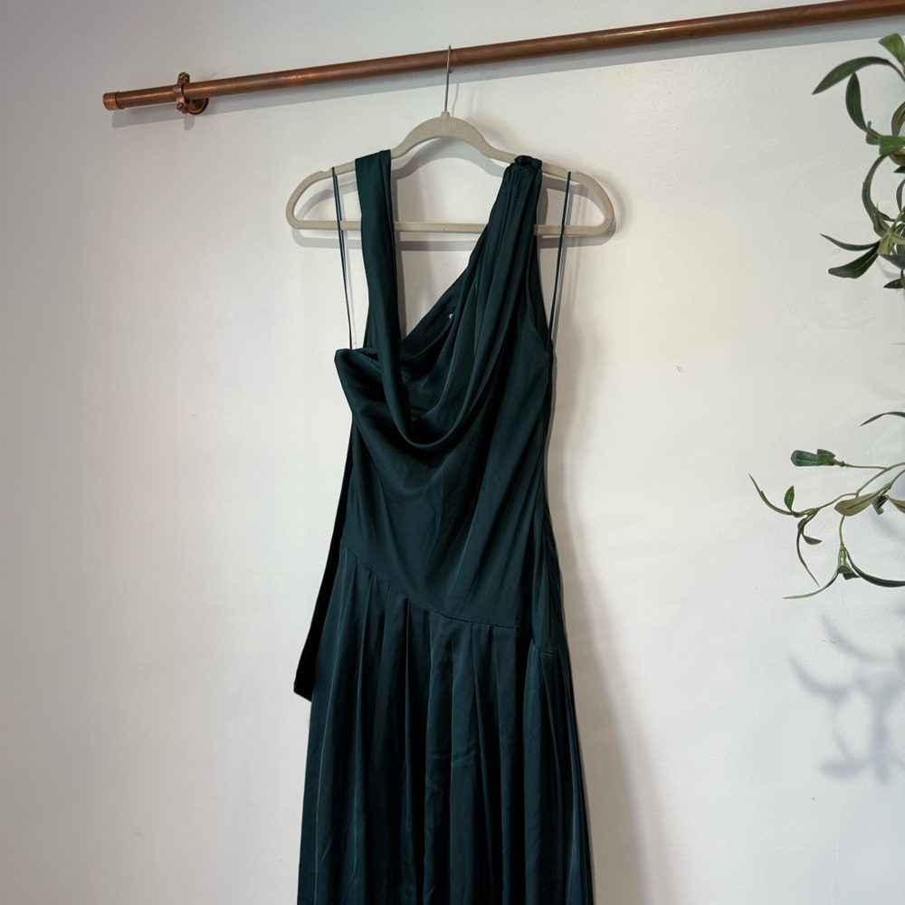 BHLDN One Shoulder Scarf Maxi Dress Dark Green Anthropologie - Picture 4 of 6
